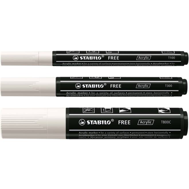 Acrylmarker STABILO Free Acrylic Mixed Tip set à 3 breedtes wit