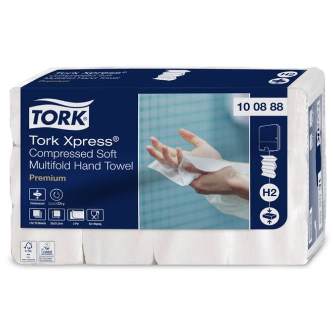 Handdoek Tork H2 Xpress compressed Premium multifold 2-laags 212x320mm 12x170 vel wit 100888