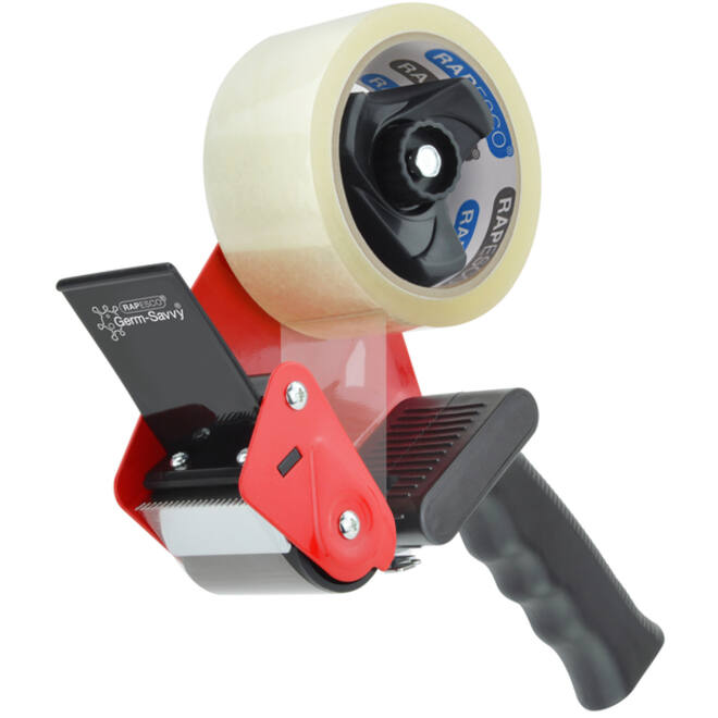 Verpakkingstape dispenser Rapesco Germ-Savvy 960 antibacterieel met transparante tape zwart