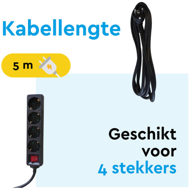 Stekkerdoos BRASQ 4 voudig 5 meter zwart
