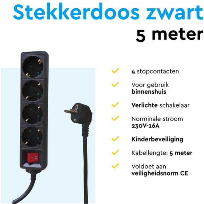 Stekkerdoos BRASQ 4 voudig 5 meter zwart