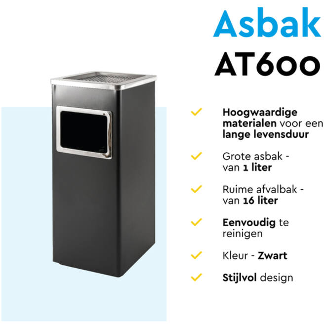 Afvalbak met asbak BRASQ 16 liter AT600 zwart