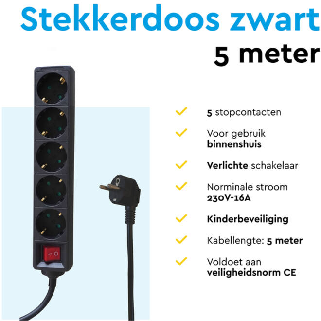 Stekkerdoos BRASQ 5 voudig 5 meter zwart