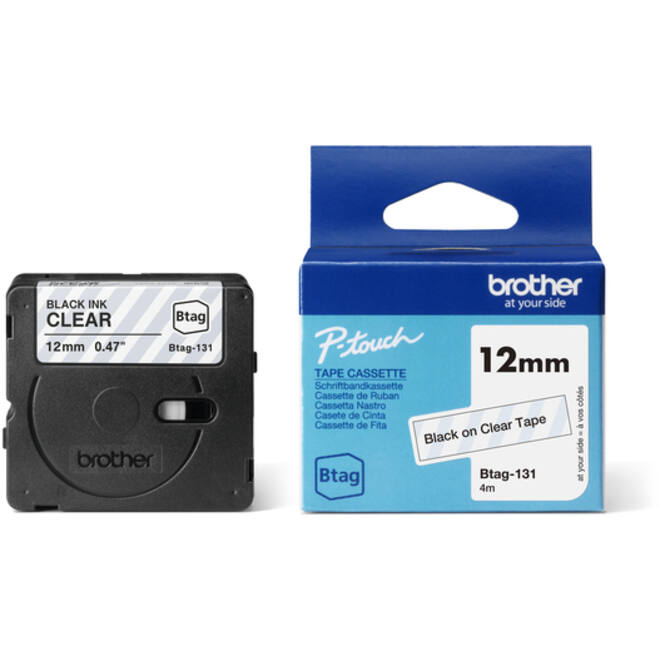 Labeltape Brother P-touch Btag-131 standaard 12mm zwart op transparant