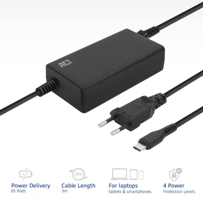 Laptop Oplader ACT USB-C Power Delivery 65W 3mtr