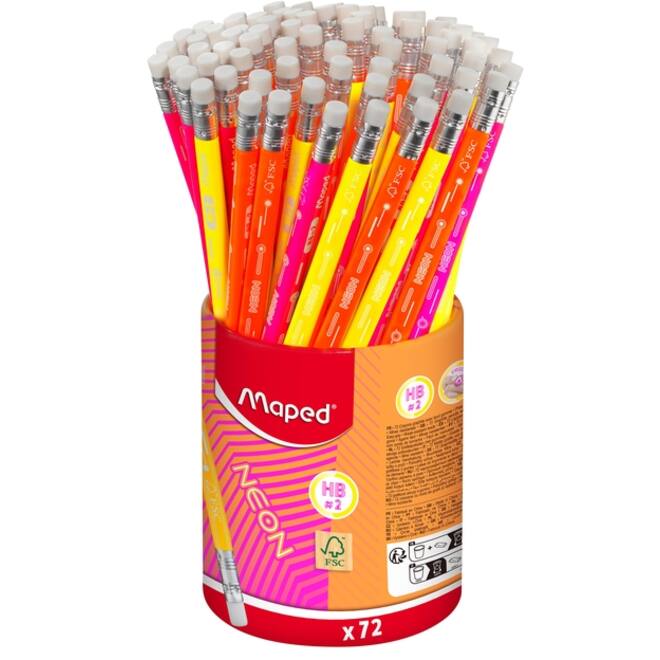 Grafietpotlood Maped Neon met gum pot à 72 stuks assorti