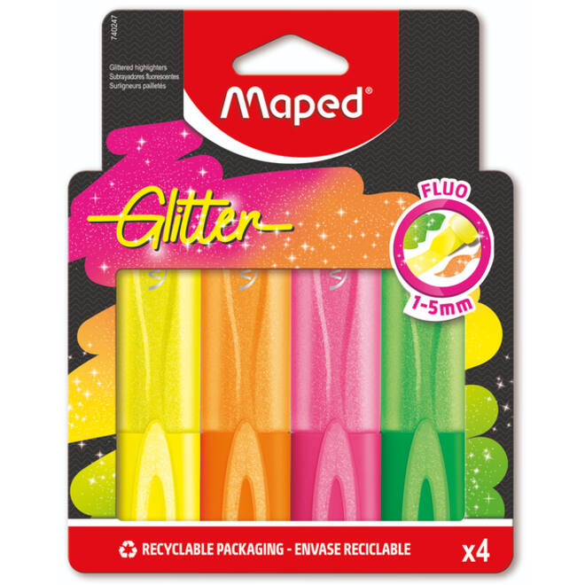 Markeerstift Maped Glitter set à 4 fluoriserende kleuren