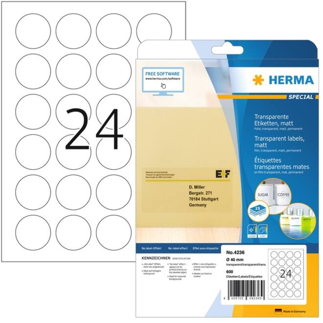 Etiket HERMA 4236 rond 40mm transparant 600 etiketten