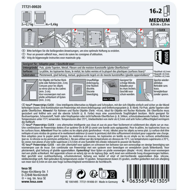Kleefstip tesa&nbsp;Powerstrips&nbsp;Click Medium 16 paar wit