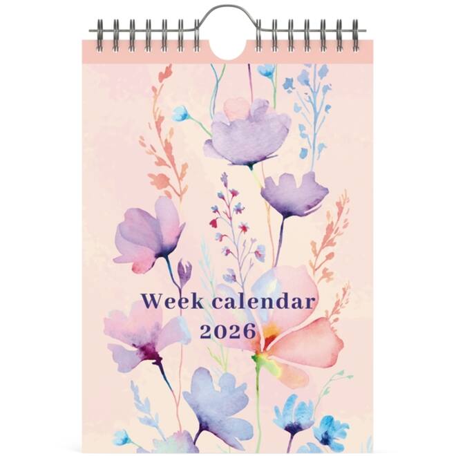 Weekkalender 2026 Lannoo 155x220 Flowers watercolour 7dagen/1pagina roze