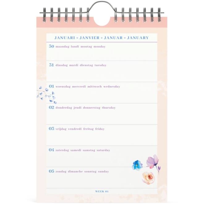 Weekkalender 2026 Lannoo 155x220 Flowers watercolour 7dagen/1pagina roze