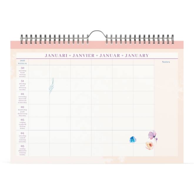 Familiekalender 2026 Lannoo 310x220 Flowers watercolour 7dag/1pag lila