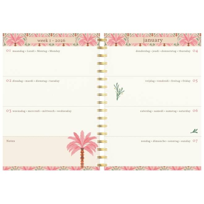 Agenda 2026 Lannoo 120x160 Exotic palms 7dagen/2pagina's roze