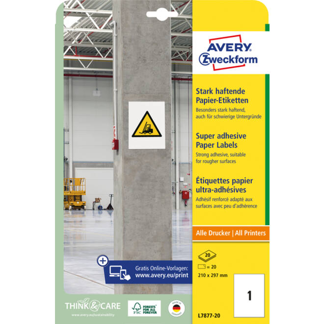Etiket Avery Zweckform L7877-20 210x297mm 20 etiketten