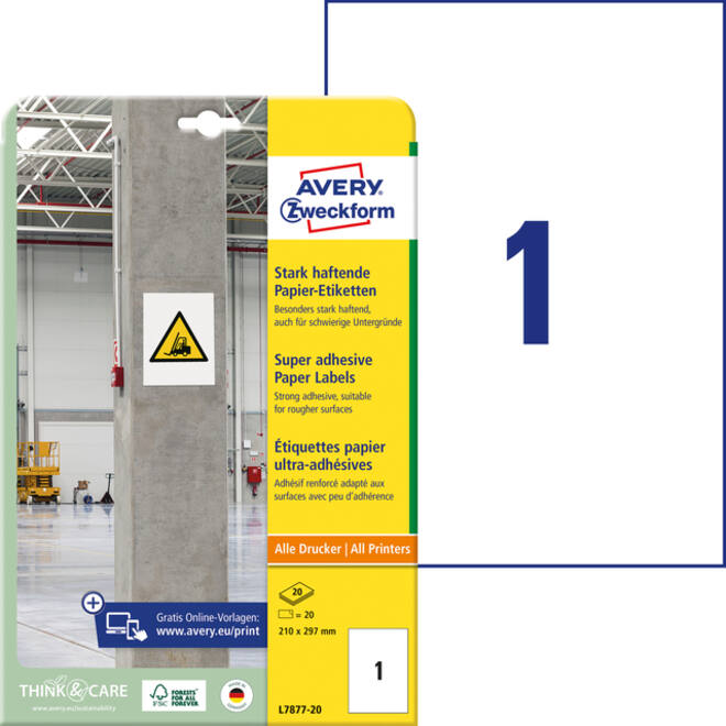 Etiket Avery Zweckform L7877-20 210x297mm 20 etiketten