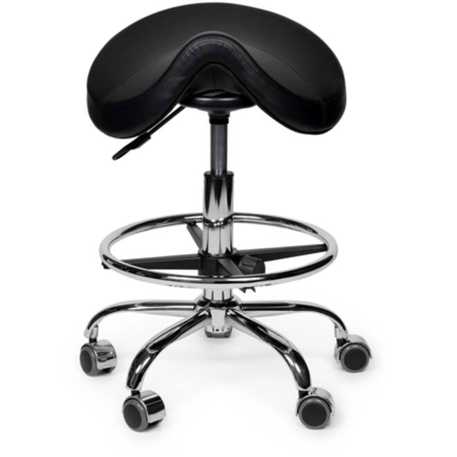 Zadelkruk Office Premium laag met voetring harde wielen zw
