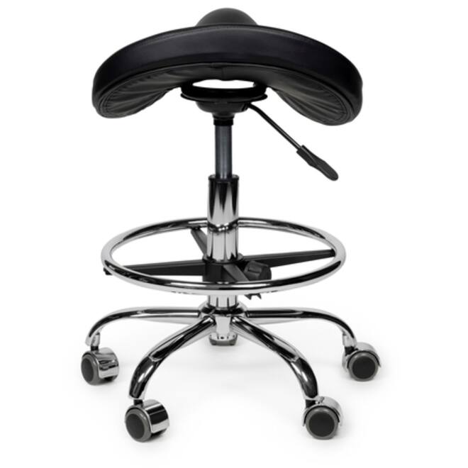 Zadelkruk Office Premium laag met voetring harde wielen zw