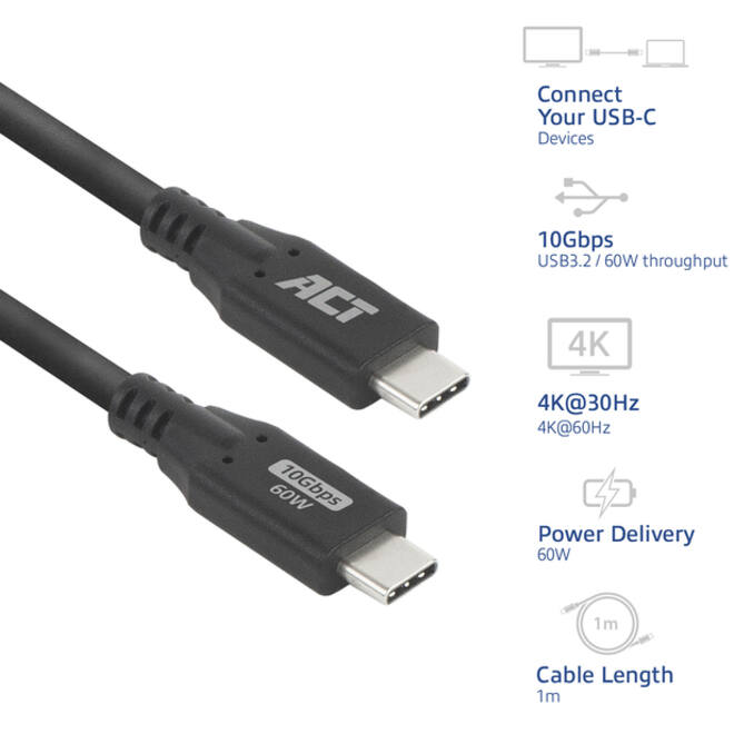Kabel ACT USB-C 3.0 10Gbps 60W USB 1 meter