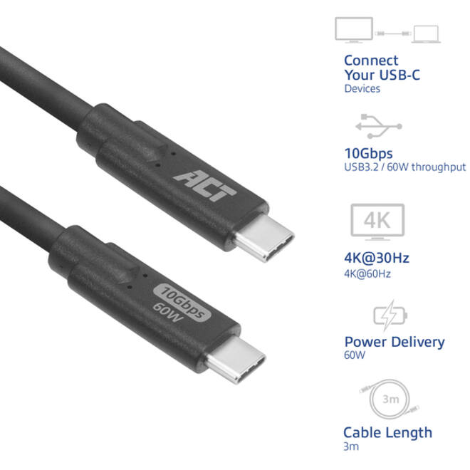 Kabel ACT USB-C 3.0 10Gbps 60W USB 3 meter