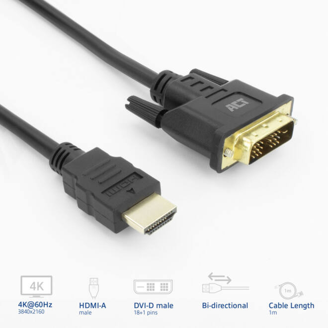 Adapterkabel ACT HDMI-A male naar DVI-D male 1 meter