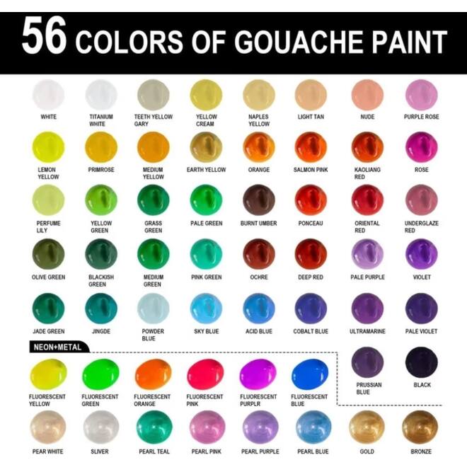 Gouache HIMI 56 kleuren 30gr inclusief neon en matellic opbergbox wit