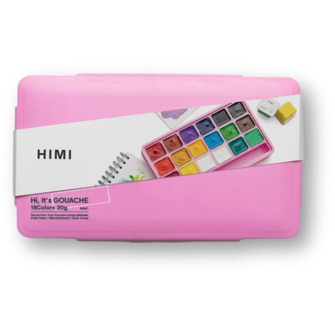 Gouache HIMI 18 kleuren 30gr opbergbox roze