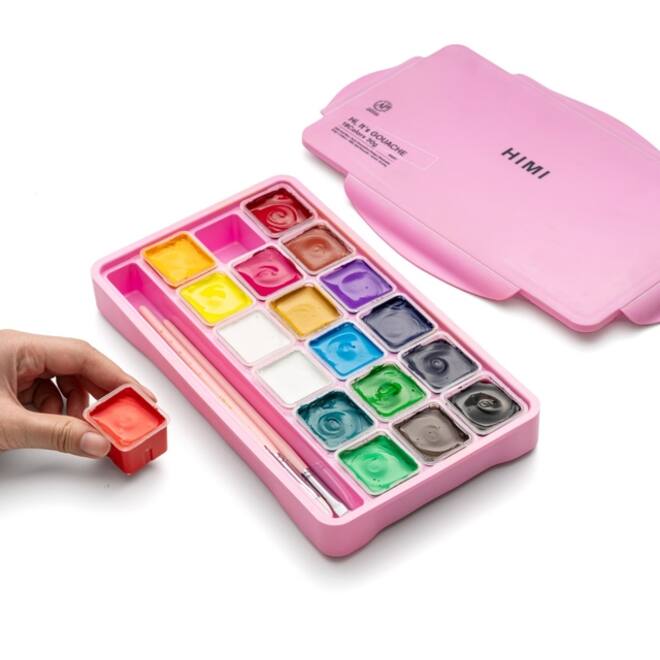 Gouache HIMI 18 kleuren 30gr opbergbox roze