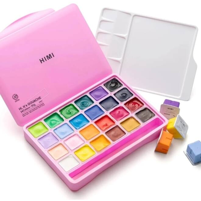 Gouache HIMI 24 kleuren 30gr opbergbox roze