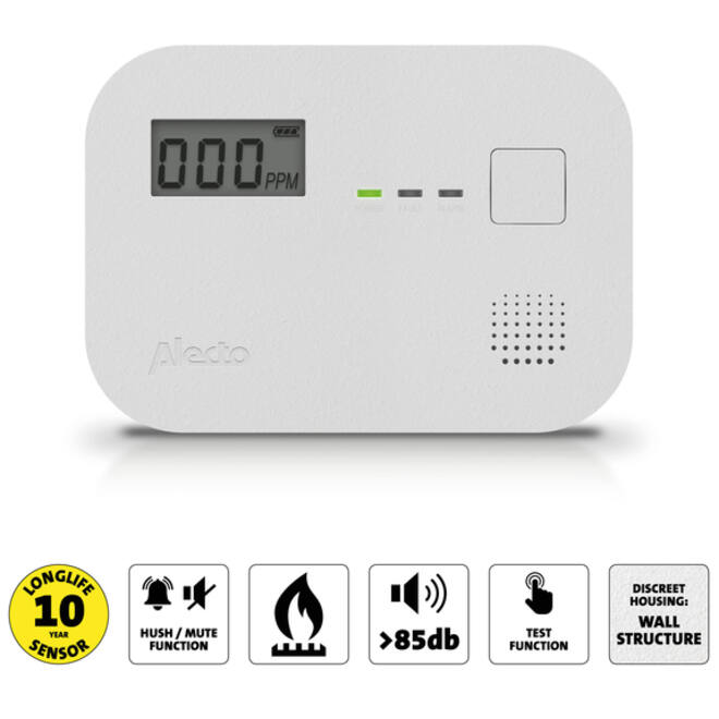 Koolmonoxidemelder Alecto 10 jaar sensor en display COA3910 wit