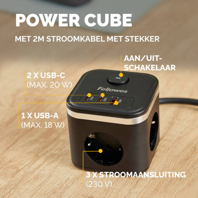 Stekkerblok Fellowes Power Cube F 3vdg 1xUSB A 2xUSB C 2 meter zwart