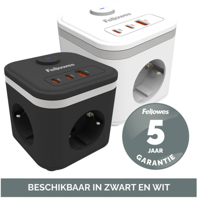 Stekkerblok Fellowes Power Cube F 3vdg 1xUSB A 2xUSB C 2 meter zwart