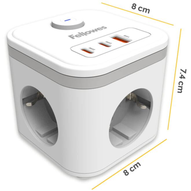 Stekkerblok Fellowes Power Cube F 3 voudig 1xUSB A 2xUSB C 2 meter wit