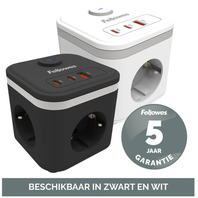 Stekkerblok Fellowes Power Cube F 3 voudig 1xUSB A 2xUSB C 2 meter wit