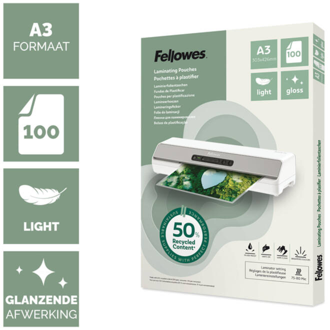 Lamineerhoes Fellowes A3 light 50% gerecycled glans 100stuks