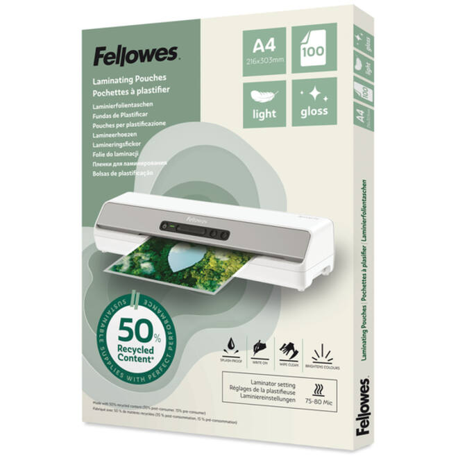 Lamineerhoes Fellowes A4 light 50% gerecycled glans 100stuks