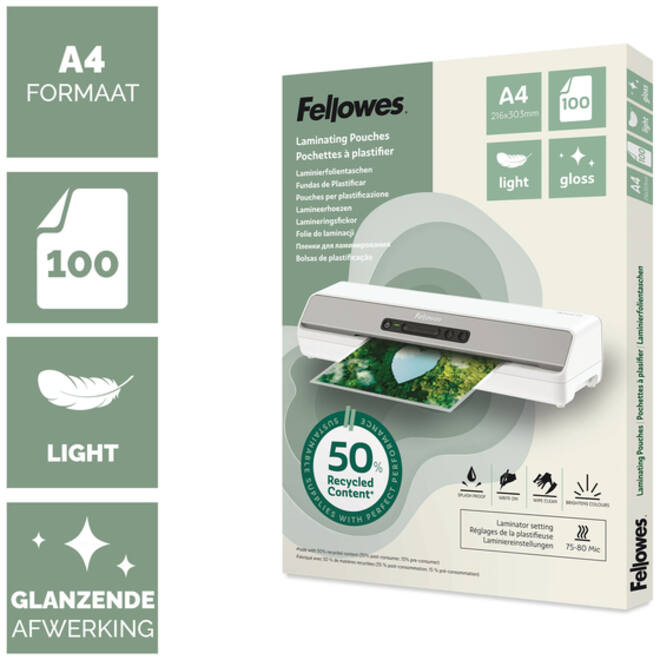 Lamineerhoes Fellowes A4 light 50% gerecycled glans 100stuks