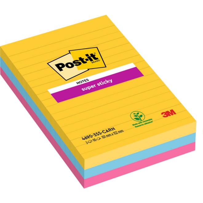 Memoblok Post-it 4690 Super Sticky 101x152mm lijn Rio