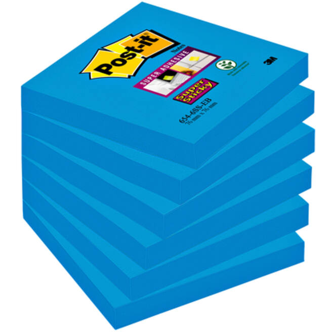 Memoblok Post-it 654 Super Sticky 76x76mm blauw