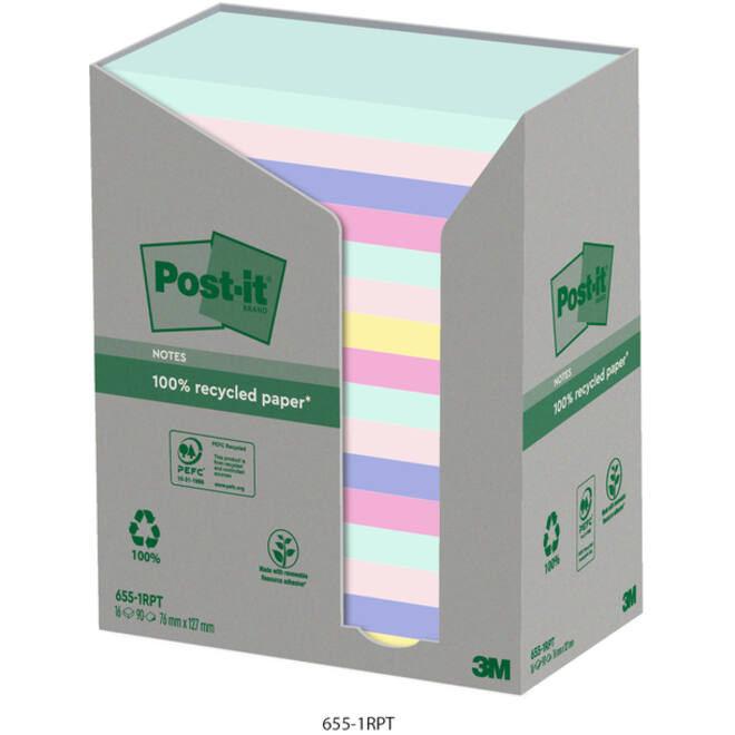 Memoblok Post-it 655-RPT 76x127mm recycled rainbow pastel