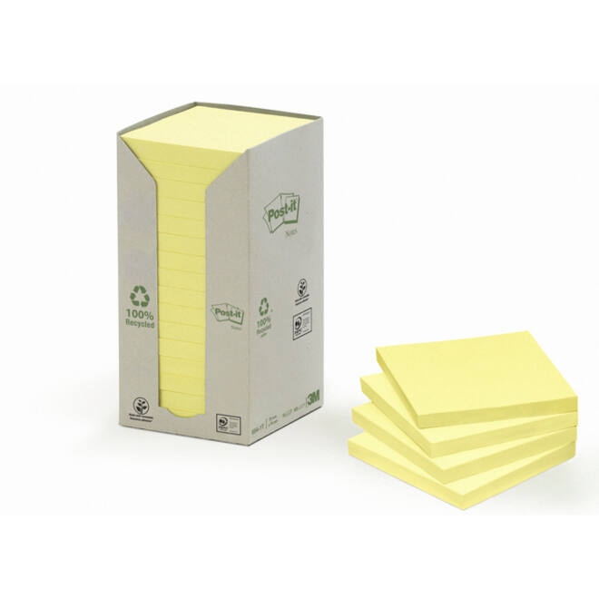 Memoblok Post-it 654 76x76mm recycled pastel geel