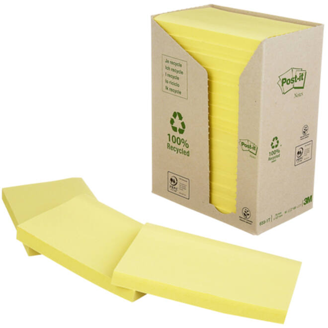Memoblok Post-it 655 76x127mm recycled geel 16x100 vel