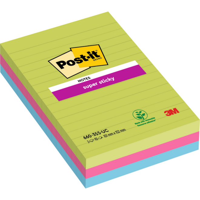 Memoblok Post-it 660 Super Sticky 102x152mm lijn rainbow