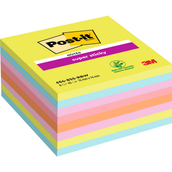 Memoblok Post-it 654 Super Sticky 76x76mm rainbow