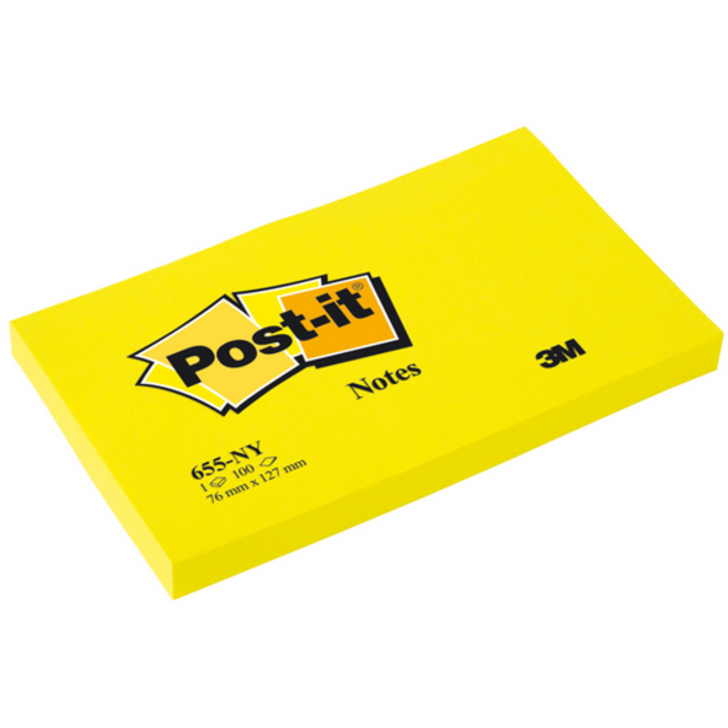 Memoblok Post-it 655 76x127mm 100 vel per blok neon geel