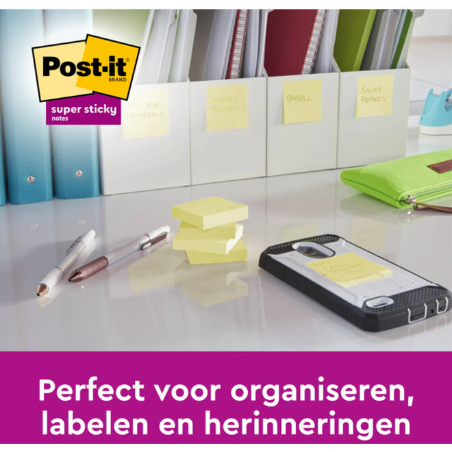 Memoblok Post-it 654 Super Sticky 76x76mm geel 14+2 gratis