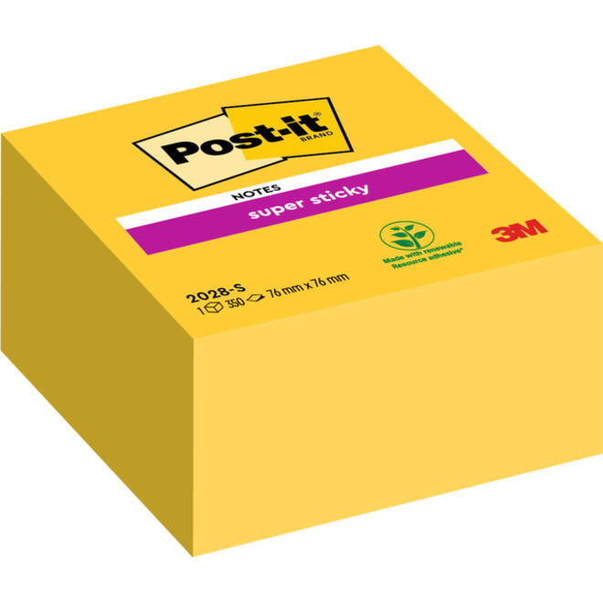 Memoblok Post-it 2028 Super Sticky 76x76mm kubus neon geel