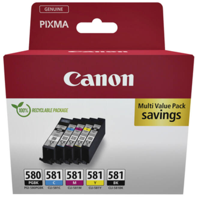 Inktcartridge Canon PGI-580 + CLI-581 2x zwart + 3 kleuren