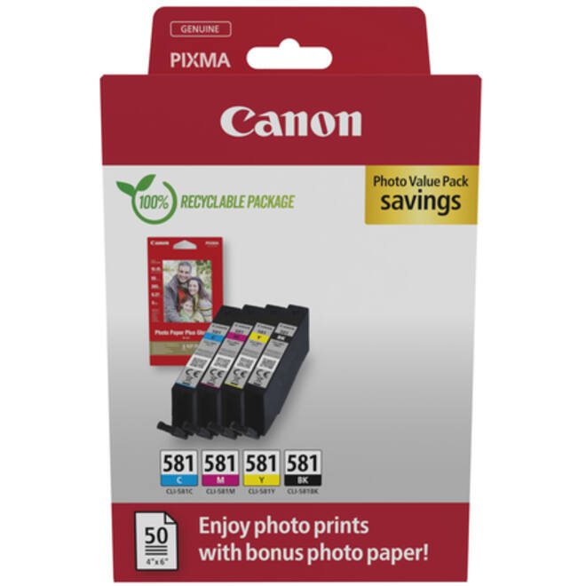 Inktcartridge Canon CLI-581 4 kleuren + 50vel fotopap 10x15cm