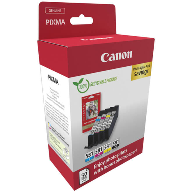Inktcartridge Canon CLI-581 4 kleuren + 50vel fotopap 10x15cm