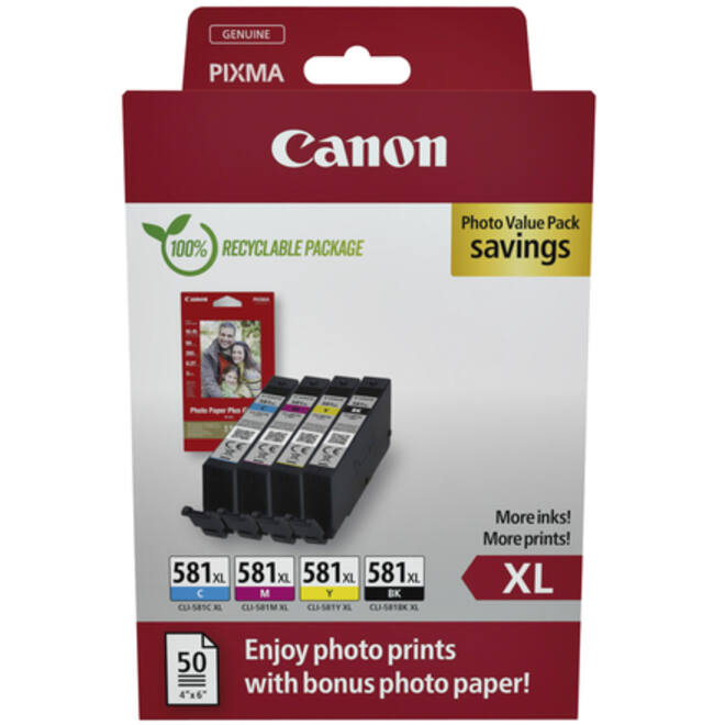 Inktcartridge Canon CLI-581XL 4 kleuren +50 vel fotopapier 10x15cm